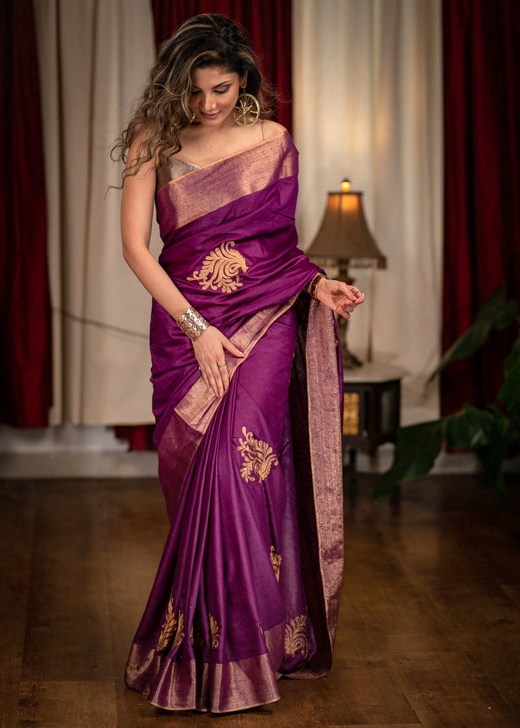 Purple designer cotton silk saree with ...